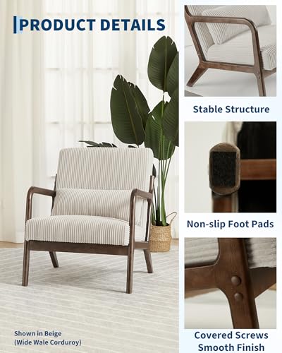 Mid-Century Chenille Accent Chair, Cozy Reading Chair, Modern Lounge Armchair with Lumbar Pillow, Solid Wood Frame, for Living Room, Bedroom, Office, Beige