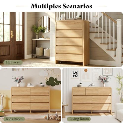 Modern 3-Piece Bedroom Furniture Set with 7-Drawer Dresser and 2 Nightstands, Large Storage Capacity, Rounded Corners, Flexible Combination Design, Anti-Tip Kit Included, Light Oak