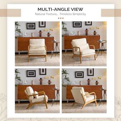 Chenille Mid-Century Modern Accent Chair, Cute Reading Arm Chair with Cushion & Lumbar Pillow & Solid Wood Frame for Lounge, Living Room, Reading Room, Bedroom,Cream