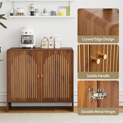 Sideboard Buffet Cabinet with Storage, Wood Arched Storage Cabinet with 2 Doors and Adjustable Shelf, Small Curved Entryway Accent Cabinet for Living Room Hallway Kitchen Dining Room, Walnut