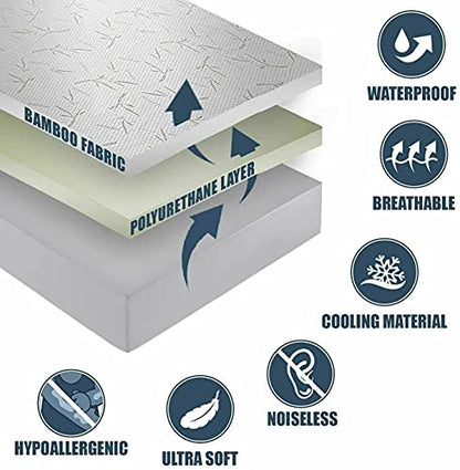 Bamboo Mattress Protector with Zipper - 100% Waterproof King Size Cooling Mattress Cover - Ultra Soft Jacquard Fabric Breathable Noiseless Mattress Pad Cover - Zippered Mattress Encasements