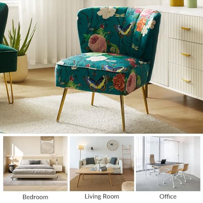 Accent Chair with Golden Metal Legs, Comfy Tufted Wingback Living Room Chair Floral Fabric Small Armless Side Chair, Upholstered Slipper Chair for Bedroom, Reading Room Flower Print