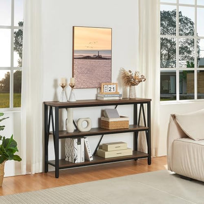 Entryway Console Table, Rustic Console Table with Wide Storage, Industrial Foyer for Entryway with 3-Tier Open Shelves, Entry Tables for Living Room, Hallway, Brown, 47 Inch