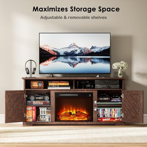 Fireplace TV Stand for 70 inch TV, Farmhouse Entertainment Center with Storage, view 7