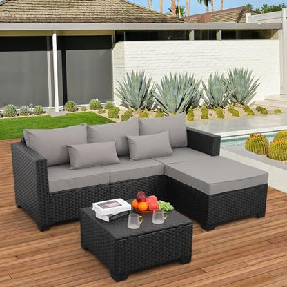 3 Pieces Patio Furniture Set Outdoor Sectional Wicker Patio Furniture Patio Couch with Ottoman and Outdoor Storage Table All-Weather Anti-Slip Cushions Waterproof Covers, Light Grey