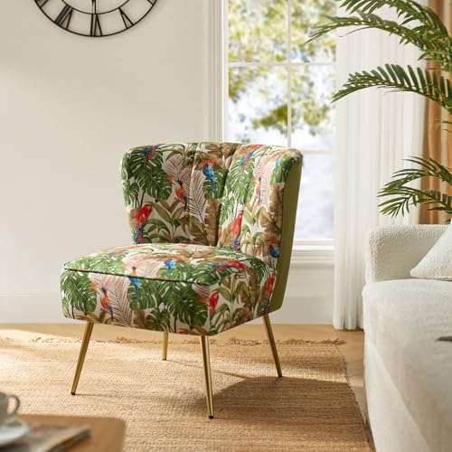 Accent Chair with Golden Metal Legs, Comfy Tufted Wingback Living Room Chair Floral Fabric Small Armless Side Chair, Upholstered Slipper Chair for Bedroom, Reading Room Flower Print