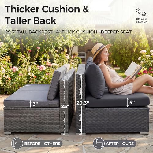 Extra Large Rattan Patio Furniture Set with Gas/Propane Fire Pit Table, 29.3'' High Back Comfy Outdoor Sofa Conversations, 7 Piece Moden Deep Wide Seated Sectional Couch for Backyard, Gray