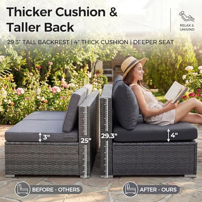 Extra Large Rattan Patio Furniture Set with Gas/Propane Fire Pit Table, 29.3'' High Back Comfy Outdoor Sofa Conversations, 7 Piece Moden Deep Wide Seated Sectional Couch for Backyard, Gray