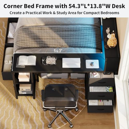 Full Corner Bed Frame with Bookcase Headboard and Hidden Storage, Black, view 6