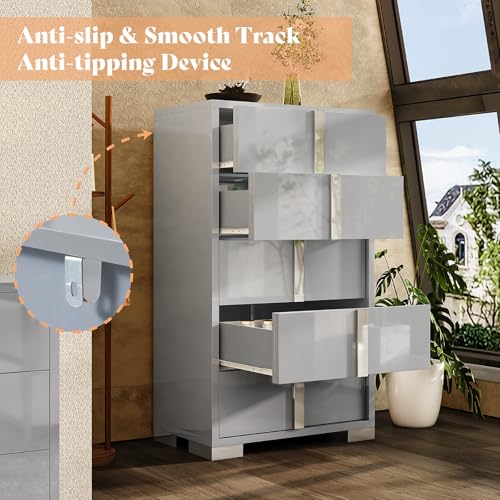 5 Drawer Dresser with Glossy Finish, Modern Storage Chest, Grey, view 5