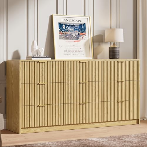 3-Piece Dresser Bedroom Set, 9 Drawer Dresser & 2 Drawer Nightstands with Gold Handles, Fluted Wood Chest of Drawers for Bedroom, Living Room, Entryway, Nature