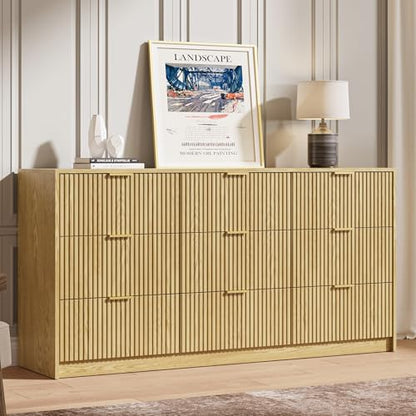 3-Piece Dresser Bedroom Set, 9 Drawer Dresser & 2 Drawer Nightstands with Gold Handles, Fluted Wood Chest of Drawers for Bedroom, Living Room, Entryway, Nature