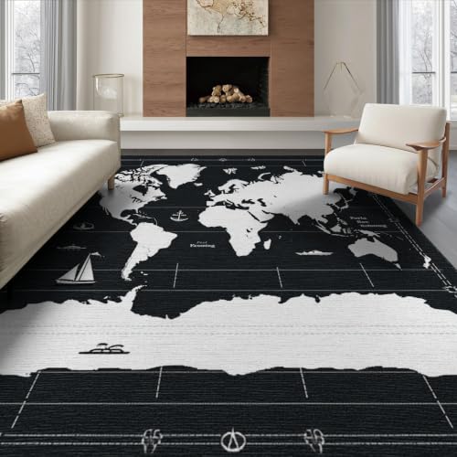 8'x10' Gray Charcoal Vintage World Map Washable Area Rug | Nautical Themed Retro Design with Border for Dining Room, Large Office, Lounge, Non-Slip Chair-Friendly Mat