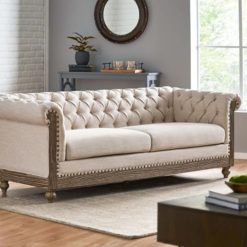 LUMISOL 3-Seat Sofa with Rivet Detailing for Living Room, Retro Style Sofa Couch Furniture with Wooden Legs, Loveseat with Pull-tab Backrest for Apartments Office, Beige