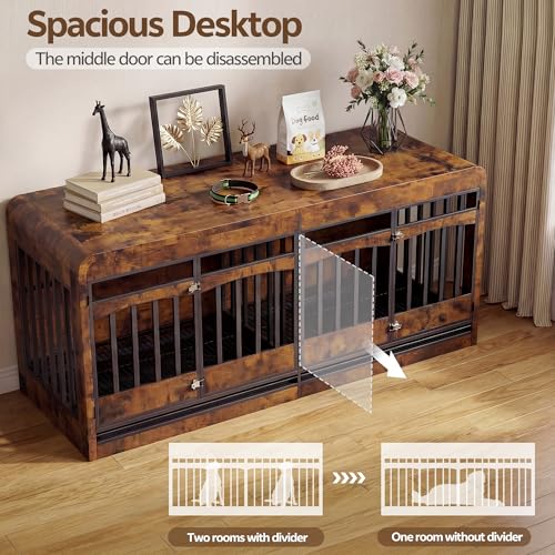 72" Double Dog Crate Furniture, Dog Crates for 2 Medium Large Dogs, view 3