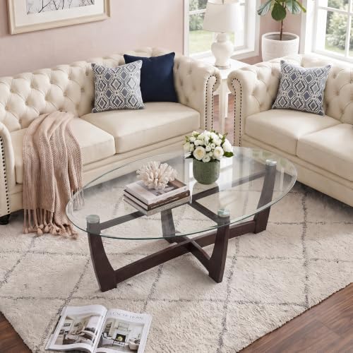 48" Oval Glass Coffee Table with Tempered Glass Top Cross and Solid Wood Base Simple & Modern Center Table for Living Room Office Apartment Cherry