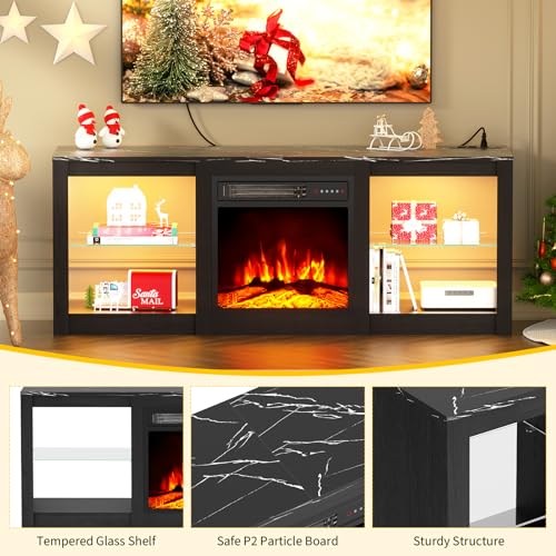 Electric Fireplace TV Stand for 65-80"TV, w/Power Outlets, Black, view 4