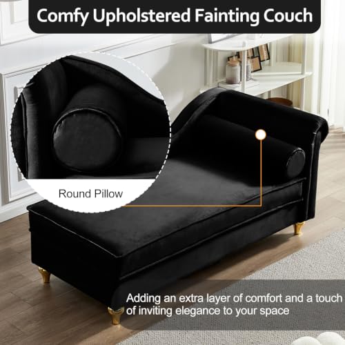 60" Black Velvet Chaise Lounge Indoor with Storage & Gold Metal Legs, view 7