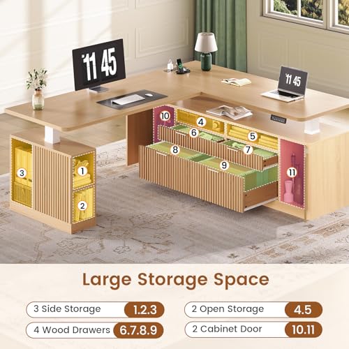 Fluted L Shaped Executive Electric Standing Desk with 4 Drawers, view 5