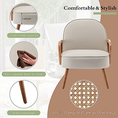 Mid Century Modern Accent Chair Armchair with Rattan Arms Upholstered Rattan Boho Accent Chair for Living Room Bedroom Balcony Faux Leather Reading Chairs Side Club Chair Beige