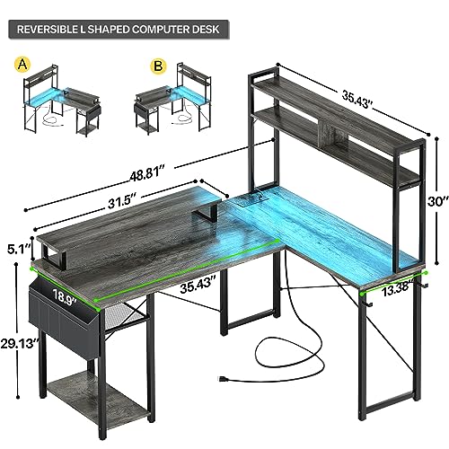 Small L Shaped Gaming Desk with LED Lights & Power Outlets, Reversible L-Shaped Computer Desk with Monitor Stand & Storage Shelf, Corner Desks Home Office Desk with Storage Bag, Grey Oak