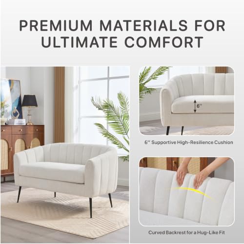 50'' Loveseat Sofa, Modern Sherpa Boucle 2-Seater Sofa with Metal Legs, Comfy Upholstered Small Accent Couch for Living Room Bedroom Office (White).