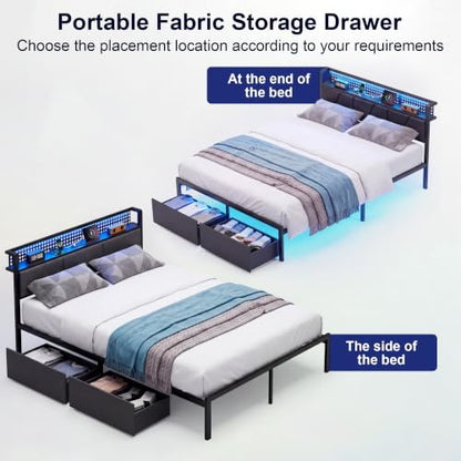 Queen Bed Frame with 2 Drawers, Platform Bed with LED Lights & Charging Station, view 6
