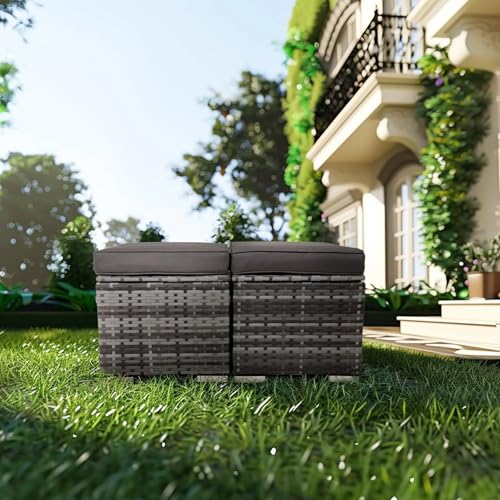 2-Piece Wicker Storage Ottomans for Outdoor Patio & Backyard, Removable Cushions, All-Weather Steel Frame, Side Table/Footrest, 200lb Capacity – Durable Furniture for Homeowners (Grey)