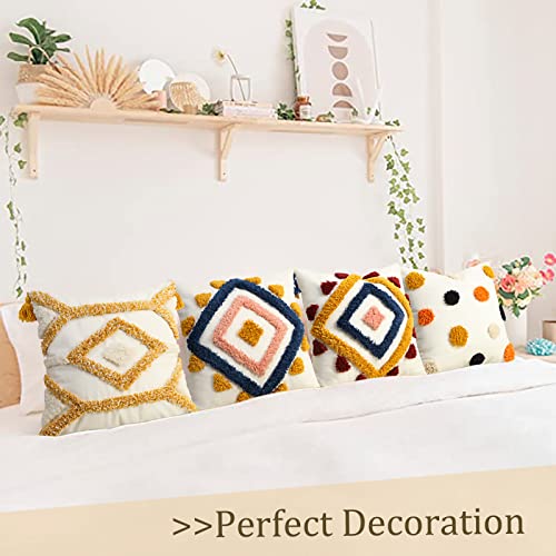 Boho Pillow Covers 20x20 Modern Geometric Diamond Boho Pillows Decorative Throw Pillow Cases Blue Pink Soft Woven Tufted Pillow Cushion for Couch Sofa Bedroom Living Room