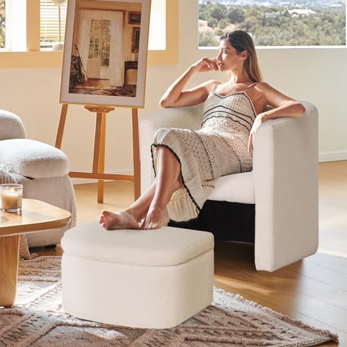 Upholstered Sherpa Barrel Accent Chair with Storage Ottoman, Morden Living Room Side Chair, Single Sofa Armchair with Lounge Seat for Bedroom/Office/Reading Spaces, Cream