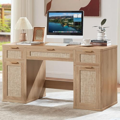 56" Rattan Office Desk with 3 Drawers & 2 File Cabinets, Natural, view 2