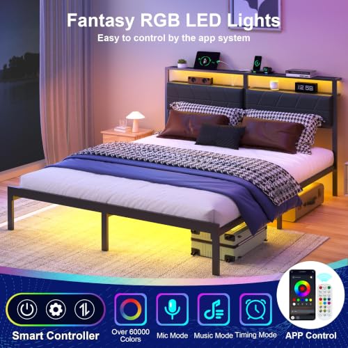 Queen Bed Frame with LED Lights & Charging Station, view 5
