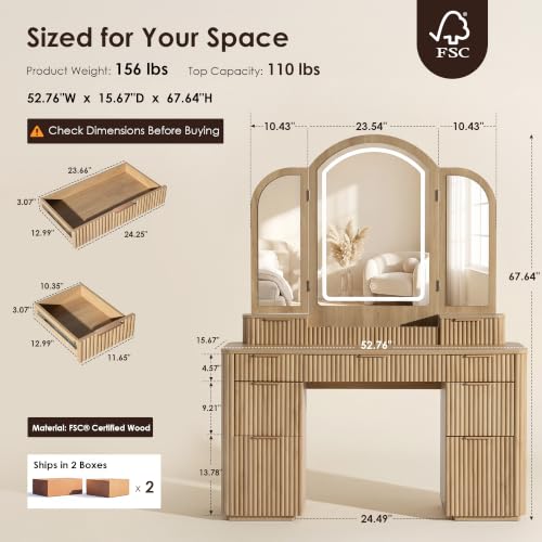 Vanity Desk with Trifold Mirrors, 52.76” Wide Makeup Vanity Table, Oak, view 3