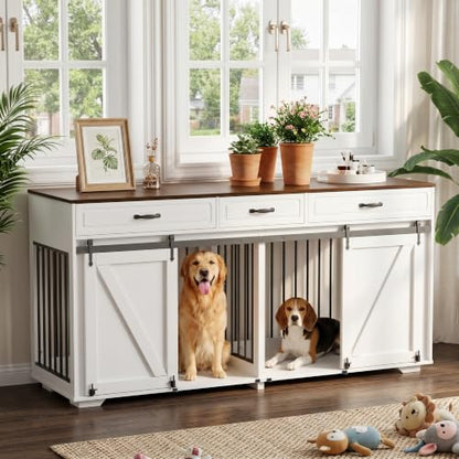 71 in Dog Crate Furniture for Dogs with 3 Storage Drawers White, view 3
