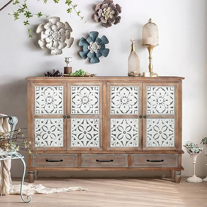 59" Vintage Sideboard Buffet Cabinet with Storage,French Country Sideboard with Carved Doors,Farmhouse Credenza Accent Cabinet, Natural Wood