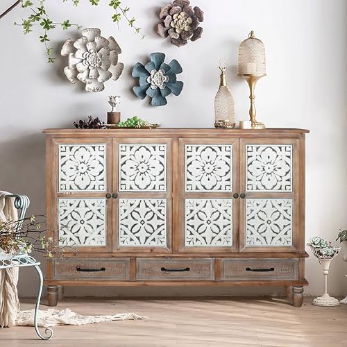 59" Vintage Sideboard Buffet Cabinet with Storage,French Country Sideboard with Carved Doors,Farmhouse Credenza Accent Cabinet, Natural Wood