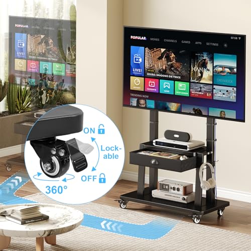 Mobile TV Stand on Wheels for 42-100inch LCD LED Flat/Curved Screen TVs,Rolling TV Cart with Drawer,2 Shelves Adjustable Height,Portable TV Stand Up to 330lbs for Indoor Outdoor Max VESA 600x900mm