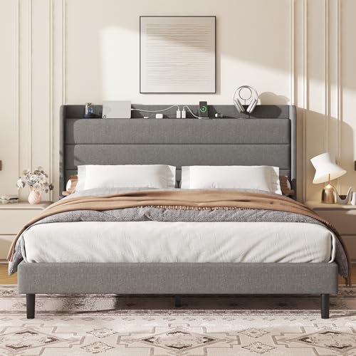 King Linen Multifunctional Bed with Charging Station & Storage Headboard, view 2