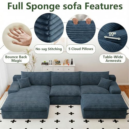 107" Cloud Couch Modular Sectional Sofa for Living Room, U-Shape Boneless Couch with Deep Seat, Modern Corduroy 3-Seater with Ottoman, No Assembly Required (Blue,Left-Facing Chaise)
