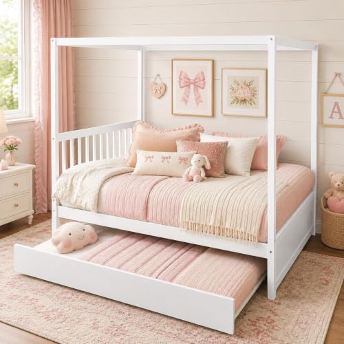 Full Size Canopy Bed with Trundle, Solid Wood Daybed Frame for Kids and Teens, view 2