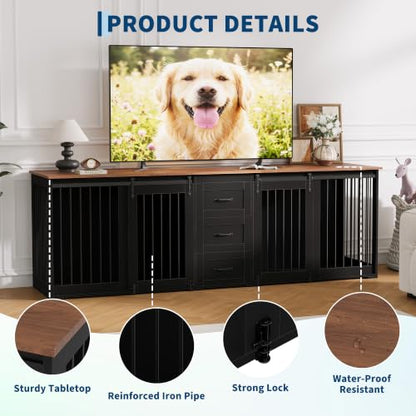 Large Dog Crate Furniture, Farmhouse Double Dog Kennel TV Stand w/ 3 Drawers, view 4