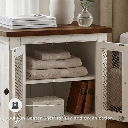 Signature Design by Ashley Wystfield Farmhouse End Table with Storage, Double Door Cabinet, Wood Construction, for Living Room, Distressed White & Brown