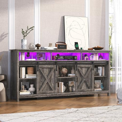 Farmhouse TV Stand for 80/75 Inch TV with Power Outlet, Entertainment Center with Storage and Sliding Barn Doors, Wood Media Console for Living Room, Grey