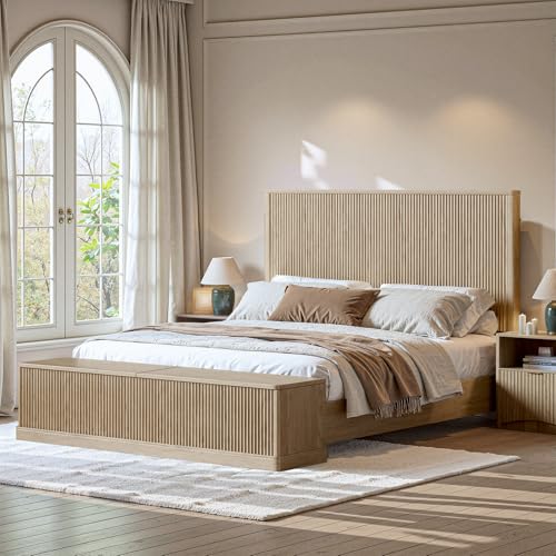 Fluted Oak King Bed Frame with 51'' Headboard & Storage Bench, view 6