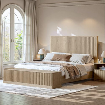 Fluted Oak King Bed Frame with 51'' Headboard & Storage Bench, view 6
