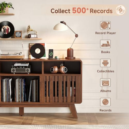59"Large Vinyl Record Cabinet with Built-in Charging Station, Walnut, view 6