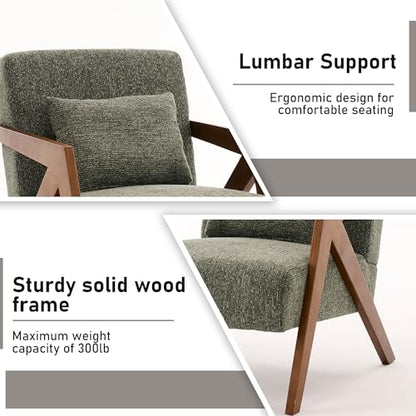 Mid-Century Modern Accent Chair Set of 2 with Solid Wood Frame，Upholstered Chenille Living Room Arm Chairs with Pillow for Bedroom, Living Room, Reading Room, Balcony, Green