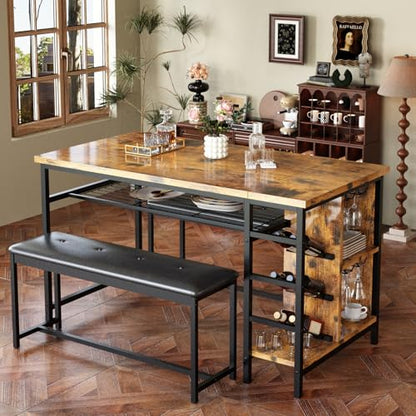 Space Saving Dining Table Set for 2-4 People, 53" Kitchen Table with 2 Upholstered Bench, Dinner Table with Wine Rack Glass Holder and Storage Shelf, 3-Piece Dinette Table for Small Apartment