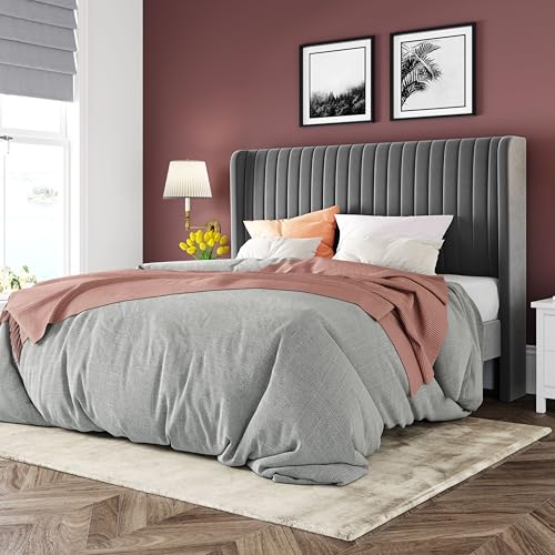 Queen Size Velvet Bed Frame/Vertical Channel Tufted Wingback, view 3