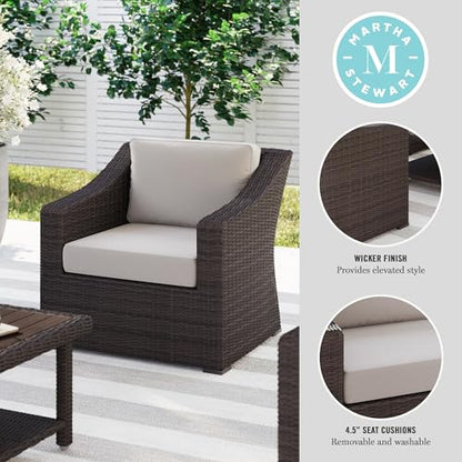 Bedford Indoor-Outdoor Patio Accent Chair with Rattan Wicker Finish in Brown with Tan All-Weather Cushions